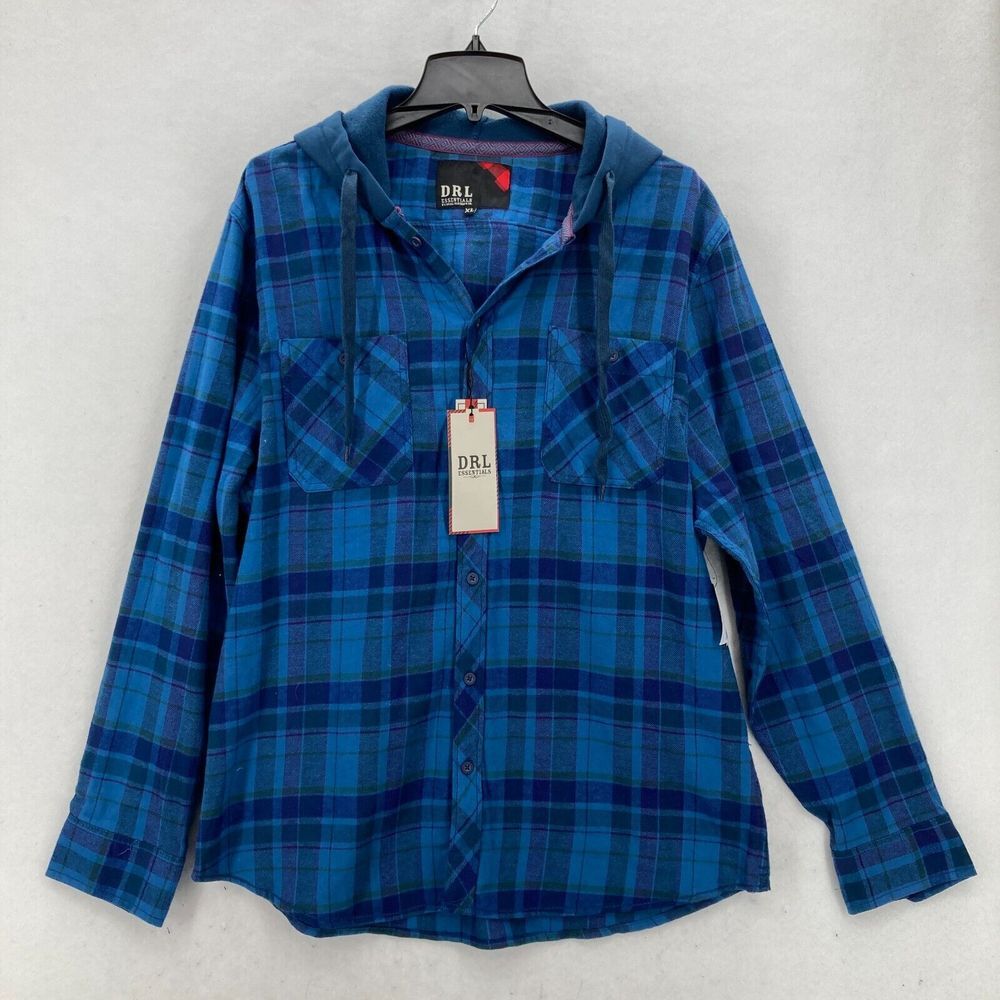 DRL Essentials Flannel Hoodie Sweatshirt Mens XL Blue Plaid‎ Drawstring Campcore